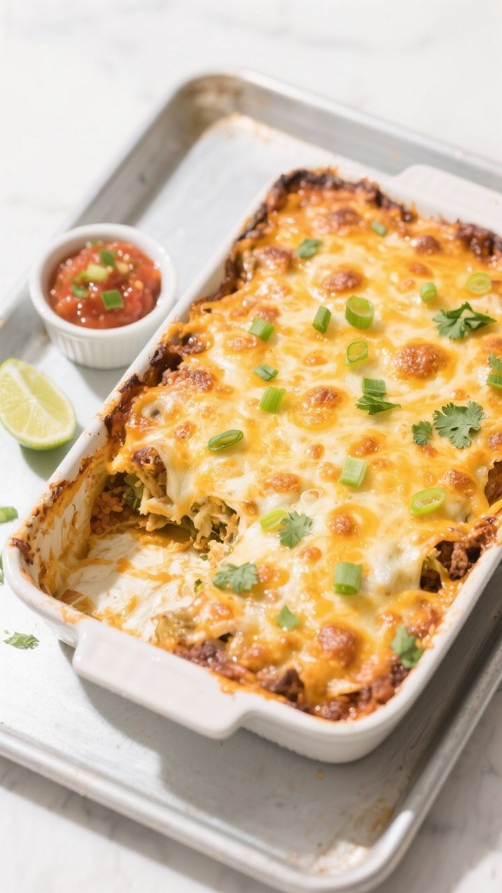 Cooking process: The assembled casserole uncovered in a 9x13 baking dish at the end of baking, shot