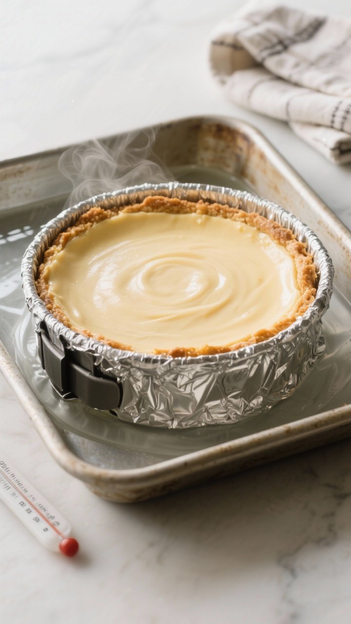 Cooking process: The cheesecake in a 9-inch springform pan nestled in a water bath inside a roasting