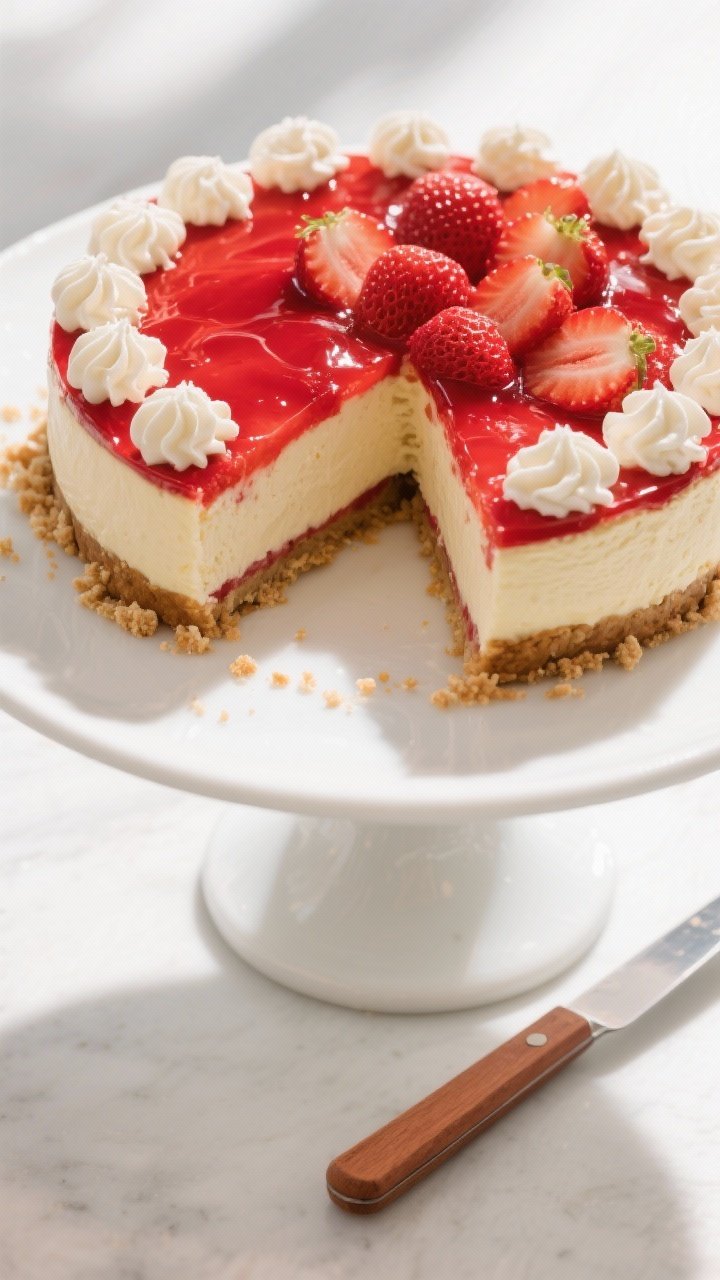 Final dish presentation: Restaurant-quality top-down beauty shot of the fully assembled cheesecake o