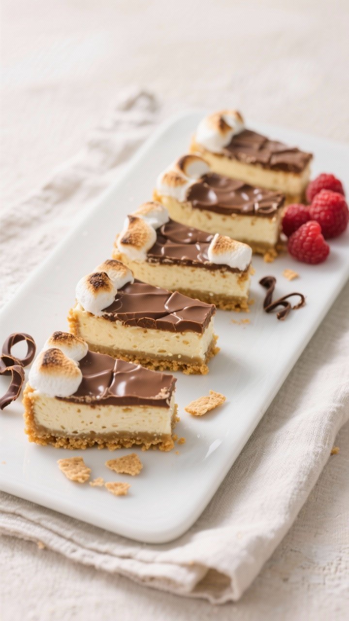 Final plated dish: Neat, chilled slices of S’mores Cheesecake Bars arranged staggered on a matte w