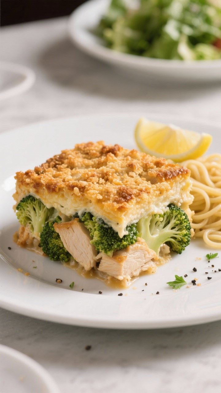 Final plated dish: Restaurant-quality plate of a generous square of Million Dollar Chicken & Broccol