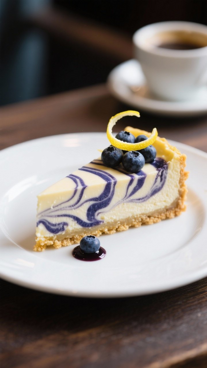 Final plated presentation: A pristine slice of Lemon Blueberry Swirl Cheesecake on a white ceramic p