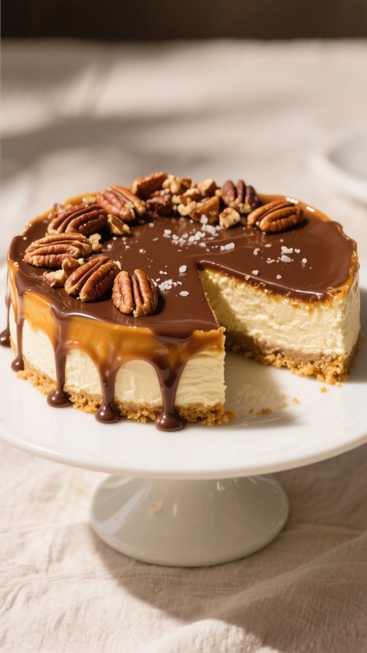 Final presentation: Beautifully plated whole Caramel Pecan Turtle Cheesecake on a simple white cake 