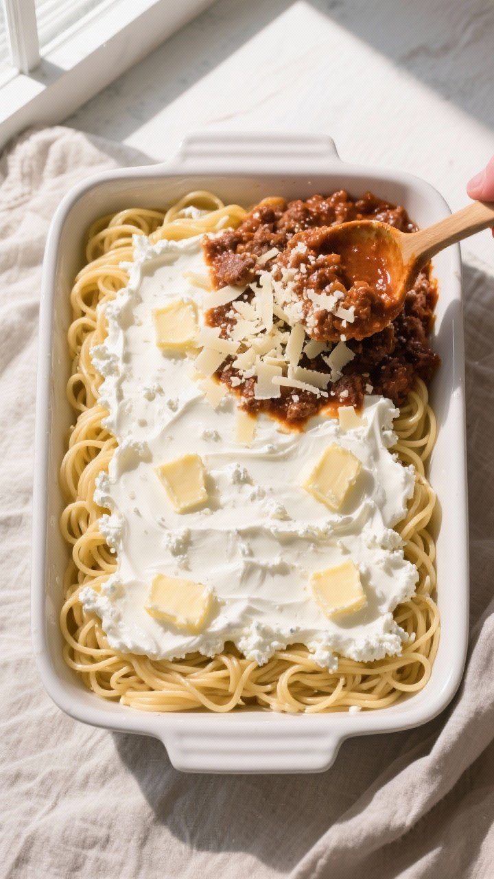 Layering moment, overhead tasty top view: A 9x13 baking dish mid-assembly from above—first layer o