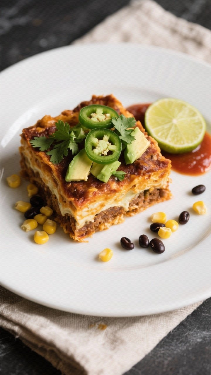 Tasty top view final presentation: Overhead shot of a plated serving of Million Dollar Tex-Mex Casse