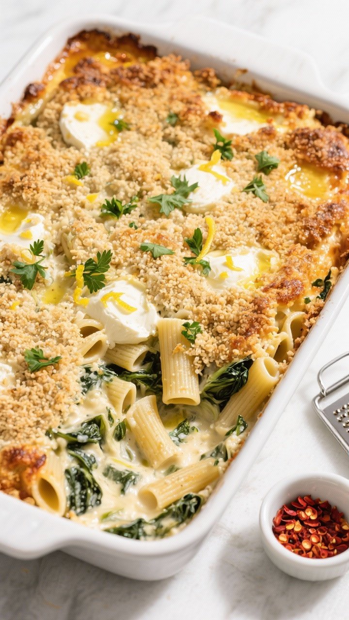 Tasty top view: Overhead shot of the baked Creamy Spinach & Artichoke Pasta Casserole in a 9x13 dish