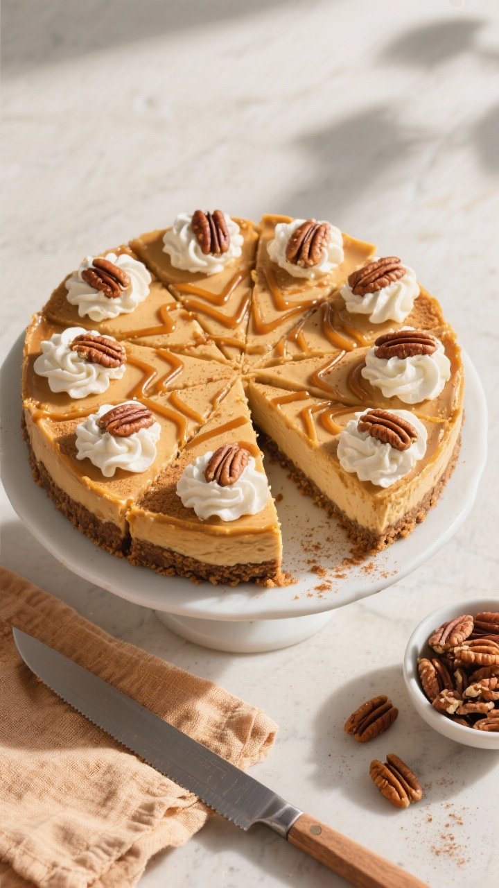 Tasty top view: Overhead shot of the fully set Pumpkin Spice Cheesecake on a cake stand, cleanly sli
