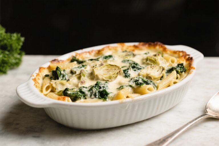 Creamy Spinach & Artichoke Pasta Casserole – Comforting, Cheesy, and Weeknight-Friendly