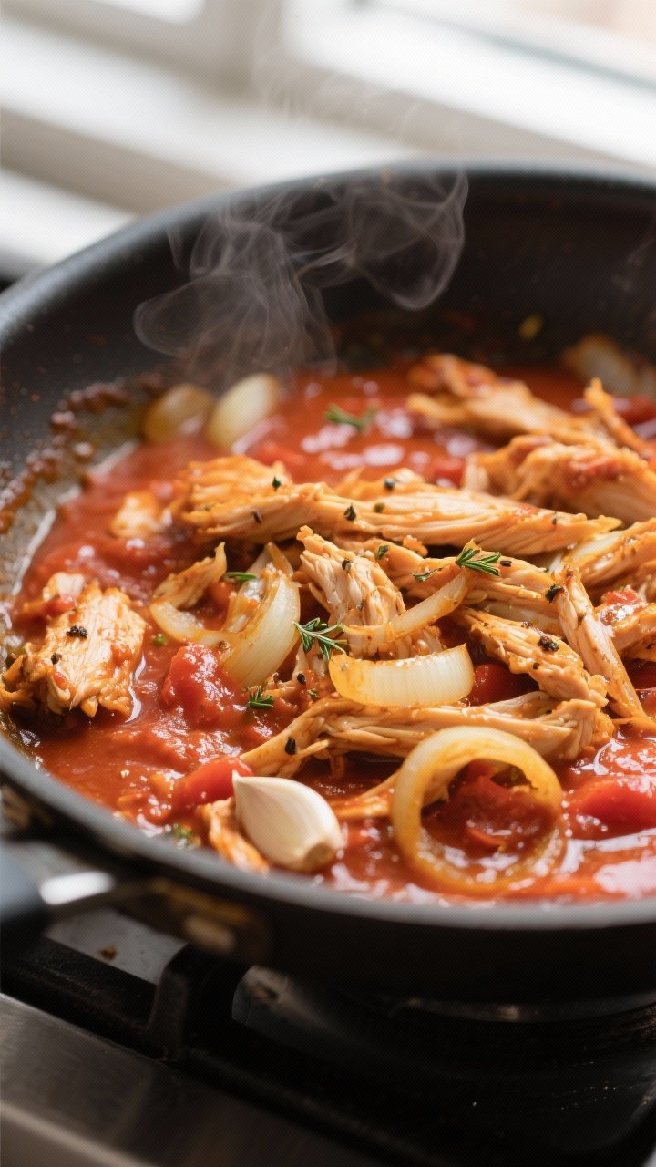 Close-up cooking process: Sautéed onions and garlic turning soft and lightly golden in a wide skill