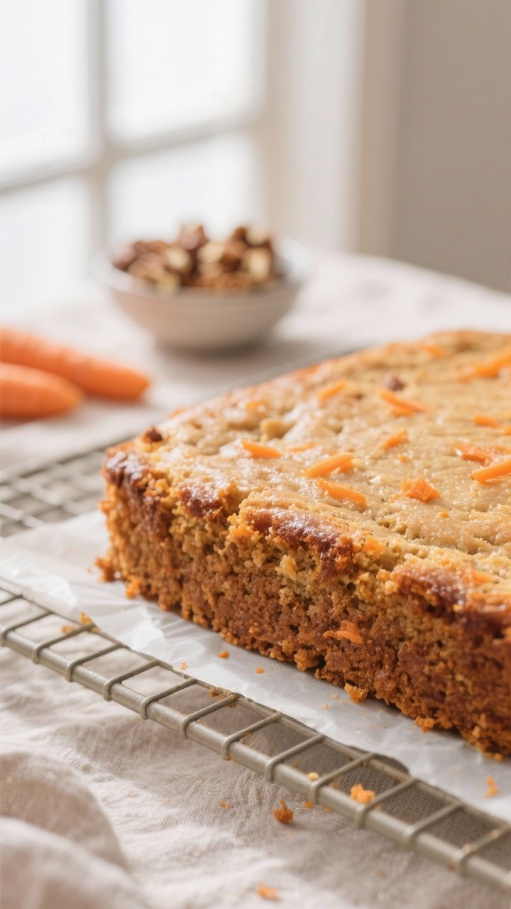 Close-up detail: A freshly baked carrot cake layer on a cooling rack, edges slightly caramelized and