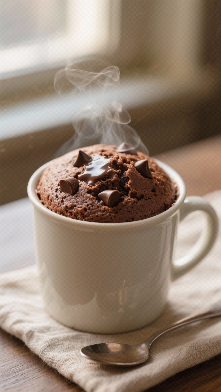 Close-up detail: A freshly microwaved hot cocoa mug cake in a 12-ounce ceramic mug, surface domed an