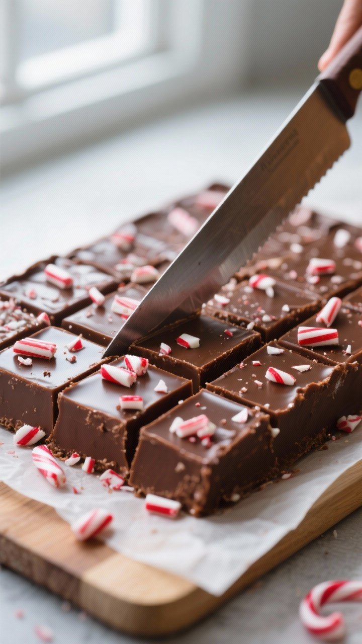 Close-up detail: A glossy slab of freshly set chocolate peppermint fudge being sliced on a parchment