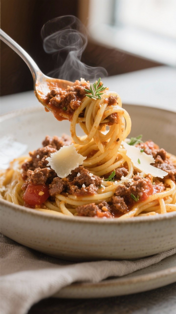 Close-up detail: A glossy, slow-simmered Bolognese sauce spooned over a twirled nest of al dente spa