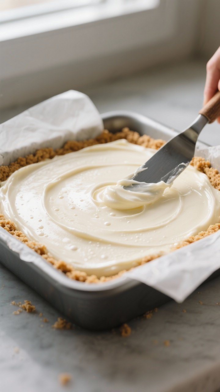 Close-up detail: A glossy, ultra-smooth layer of no-bake white chocolate cheesecake being spread ove