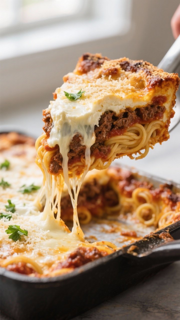 Close-up detail: A gooey slice of Million Dollar Spaghetti Casserole being lifted from the pan, show