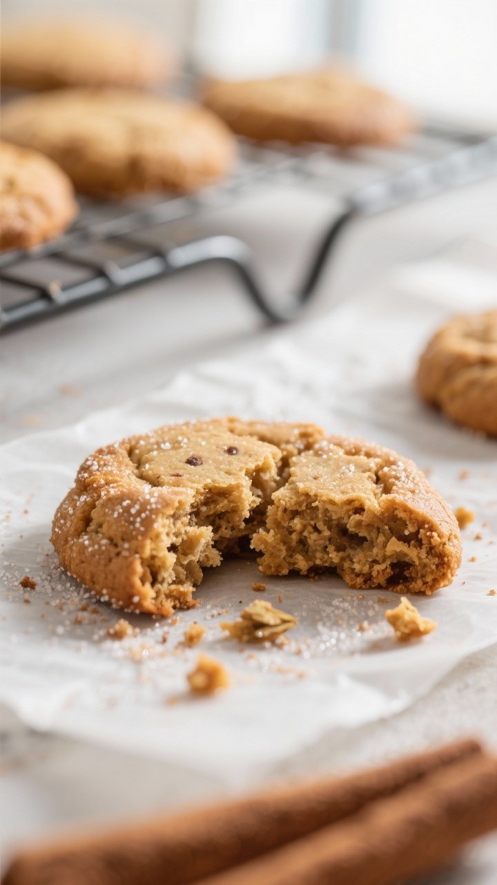 Close-up detail: A just-baked chai spiced cookie torn in half to reveal a soft, chewy interior with