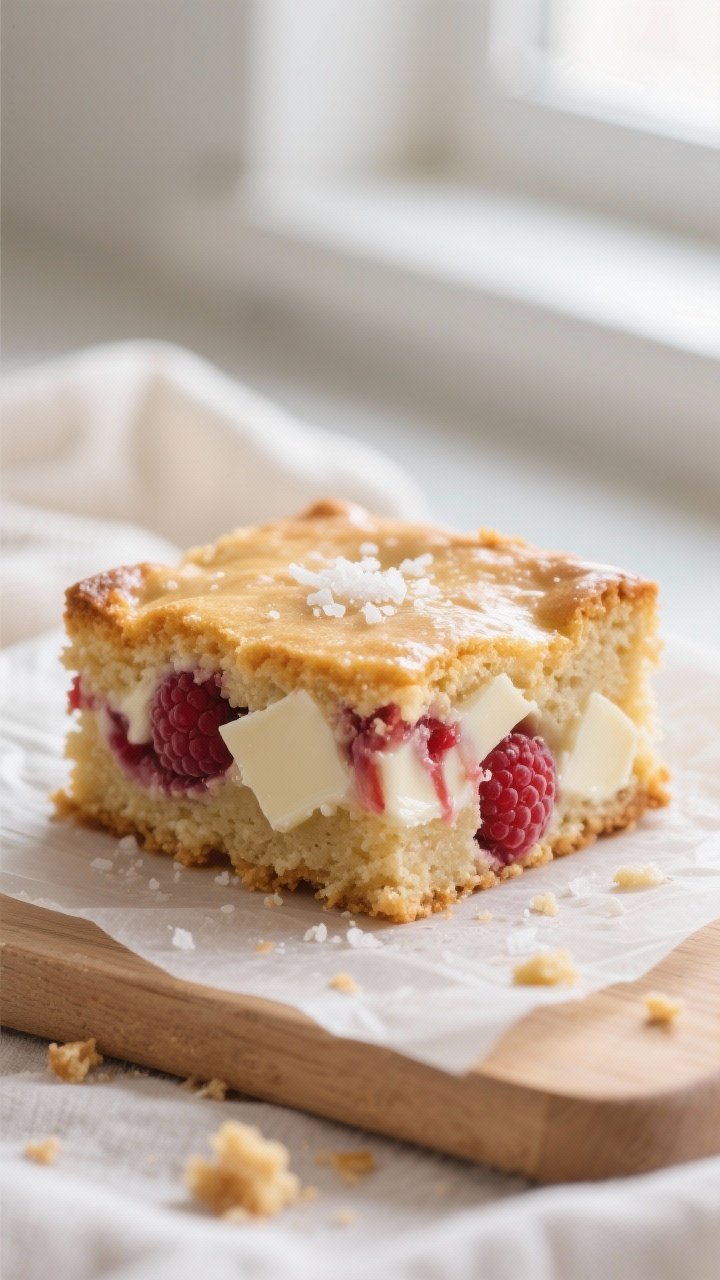 Close-up detail: A just-baked white chocolate raspberry blondie square, edges golden and lightly cri
