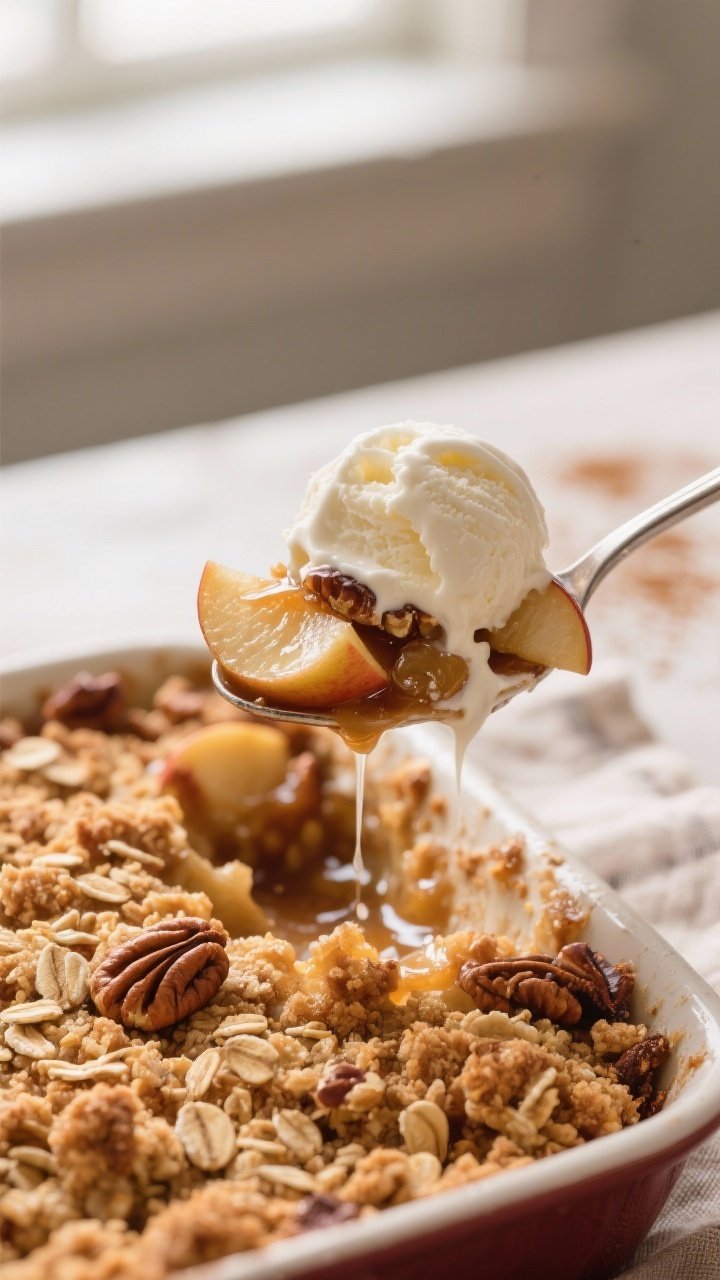 Close-up detail: A spoonful of warm apple crisp lifted from the baking dish, showing jammy, tender a