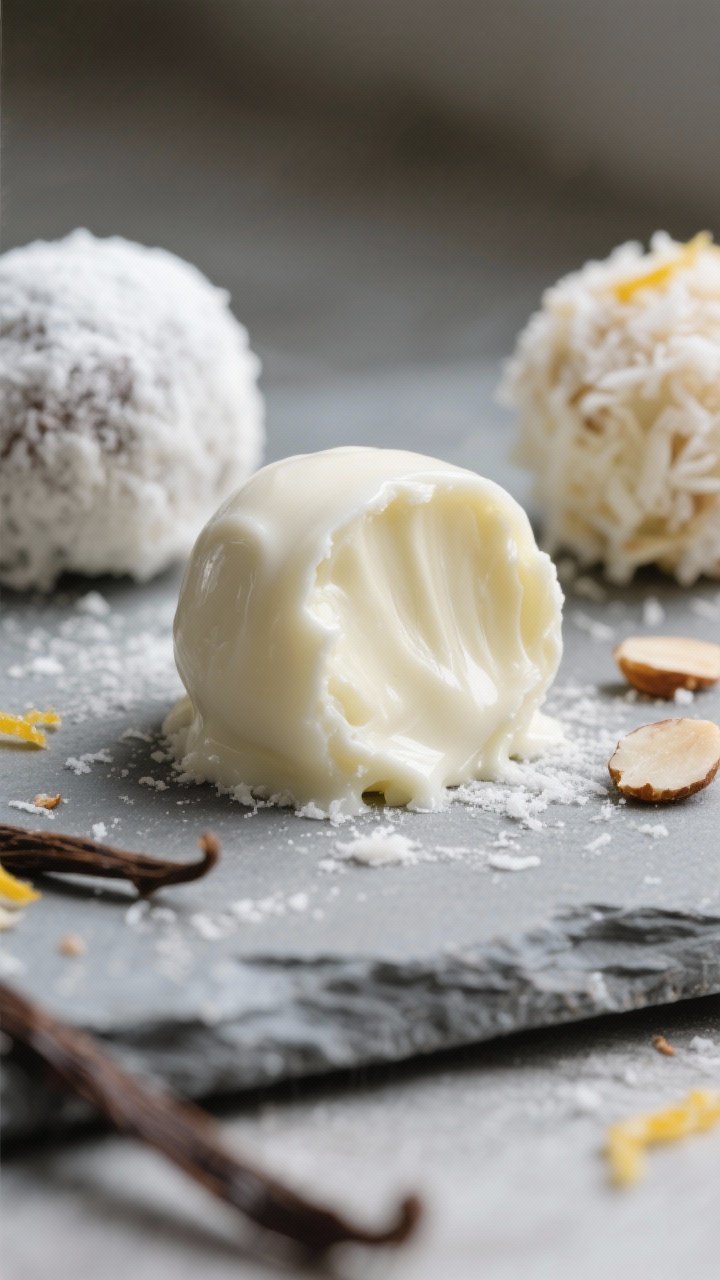 Close-up detail: A tight macro shot of freshly rolled white chocolate truffles with a silky, glossy