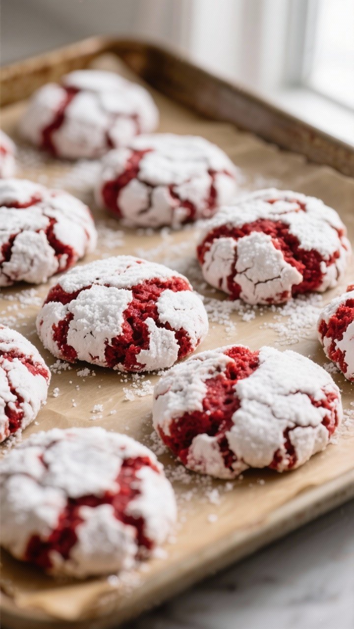 Close-up detail: A tray of freshly baked red velvet crinkle cookies just out of the oven, cracked to