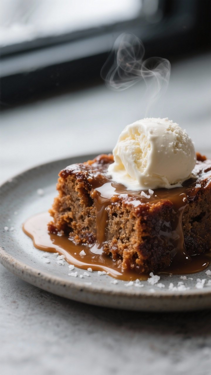 Close-up detail: A warm slice of sticky toffee pudding just after soaking, with glossy toffee sauce 