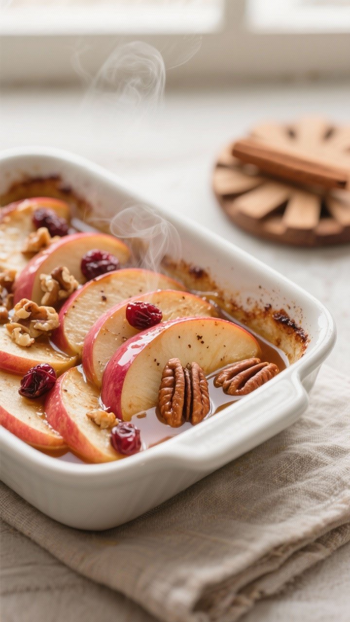 Close-up detail: Baked cinnamon apple slices just out of the oven, glistening with a glossy maple-ci