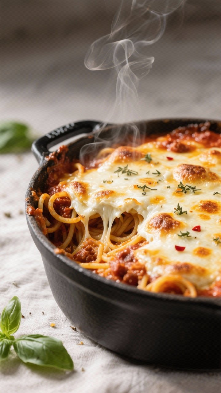 Close-up detail: Bubbling one-pot cheesy baked spaghetti just out of the oven in a matte black Dutch