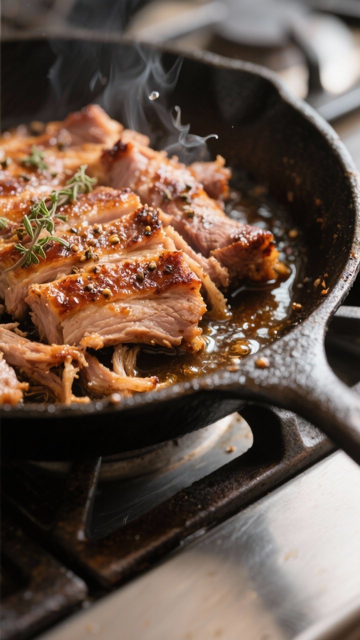 Close-up detail: Crispy carnitas searing in a cast-iron skillet, browned caramelized edges and juicy