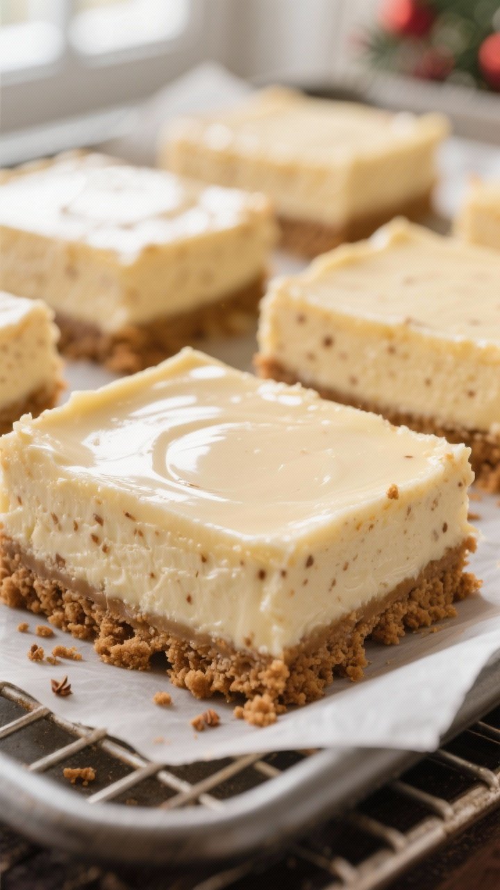 Close-up detail: Freshly baked Eggnog Cheesecake Bars just out of the pan, cooling on a rack; smooth