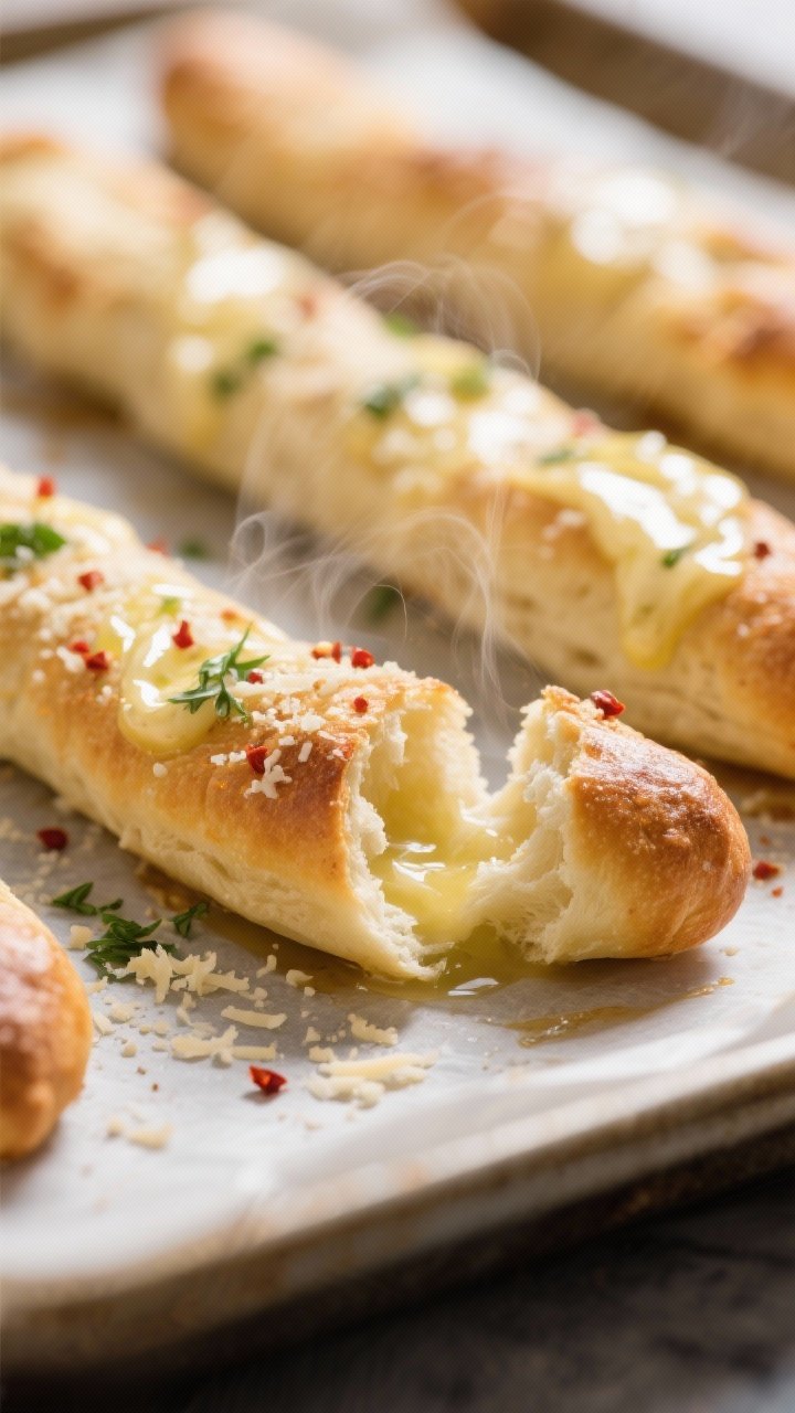 Close-up detail: Freshly baked garlic butter keto breadsticks just out of the oven, edges lightly go
