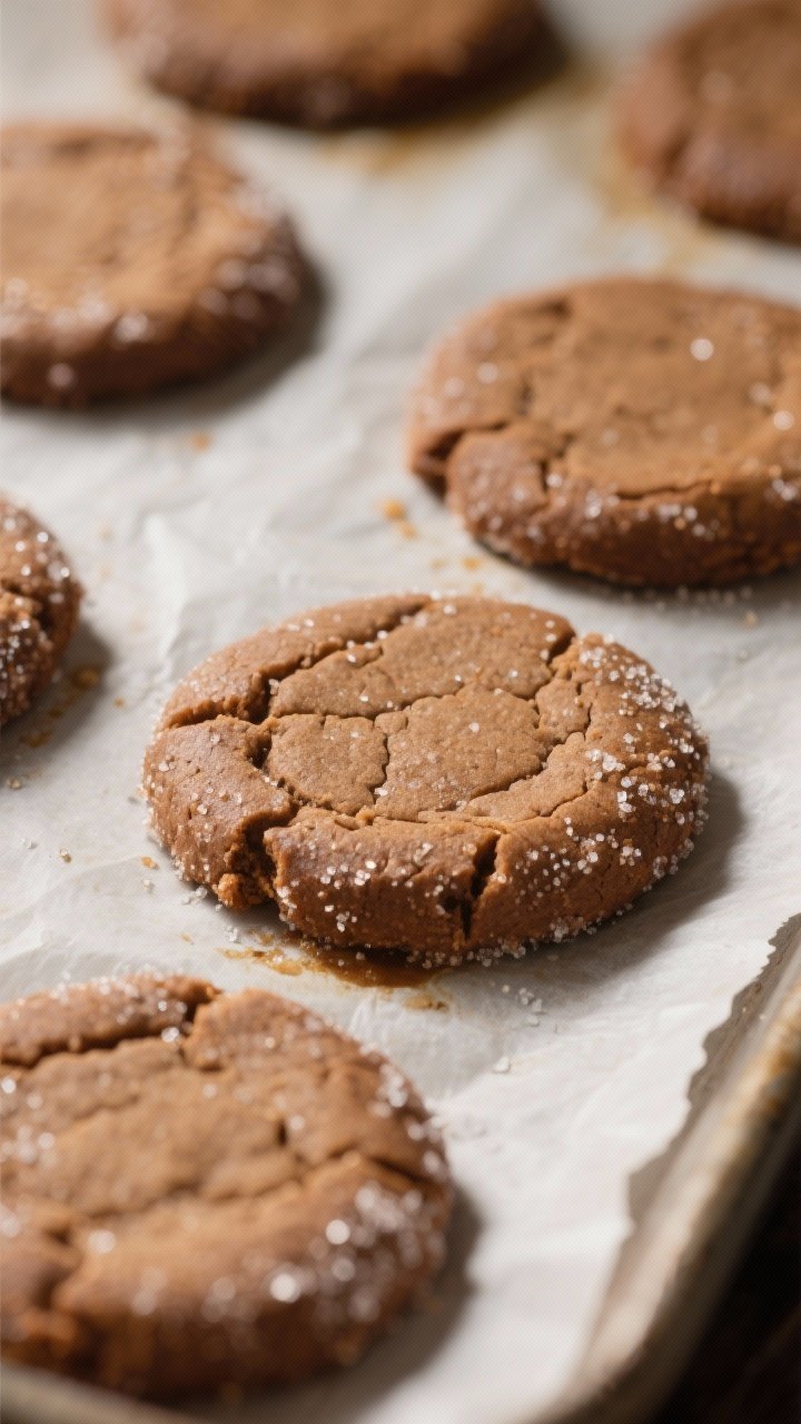 Close-up detail: Freshly baked gingerbread cookie rounds just out of the oven, edges set with a deli