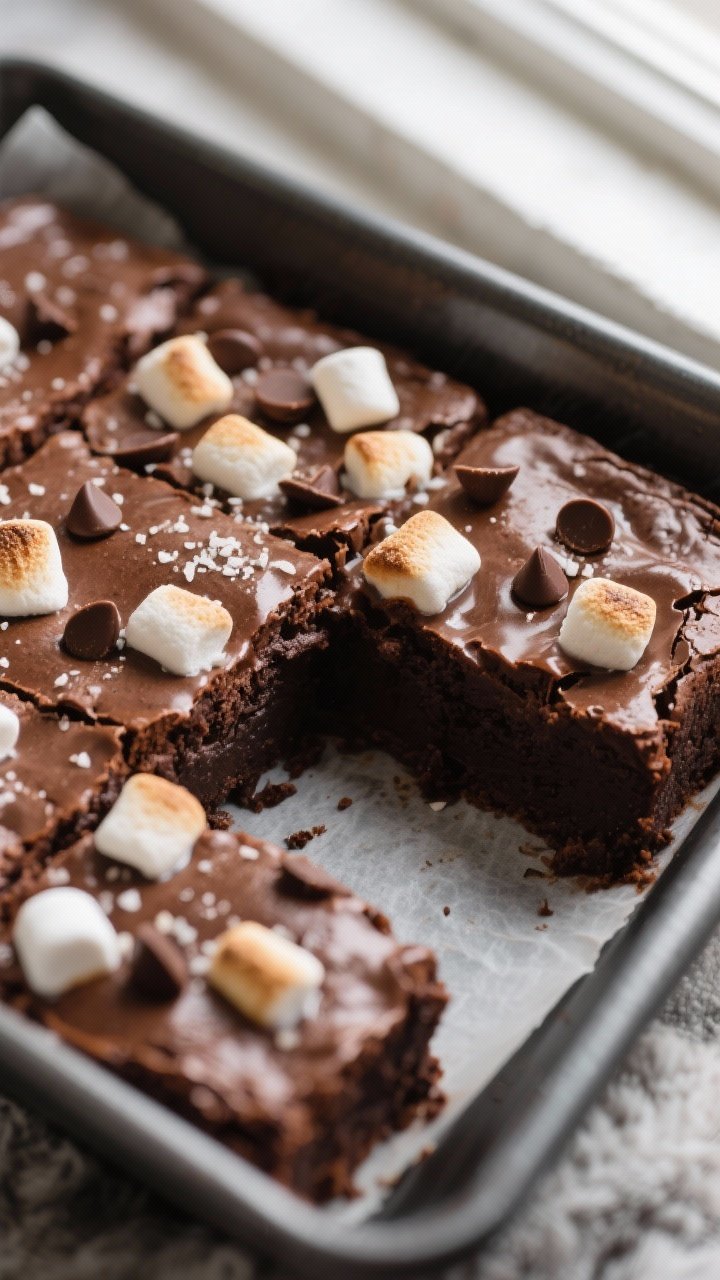 Close-up detail: Freshly baked hot chocolate brownies just out of the oven, edges set with a glossy,