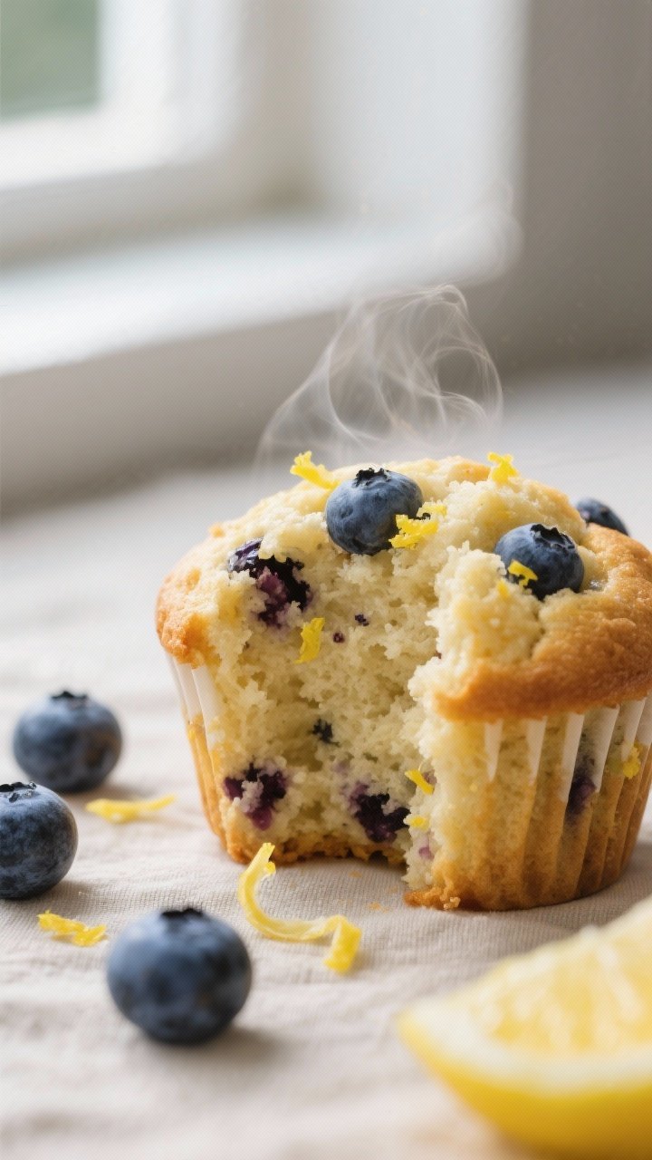 Close-up detail: Freshly baked lemon blueberry keto muffin torn open to reveal a moist, fluffy crumb