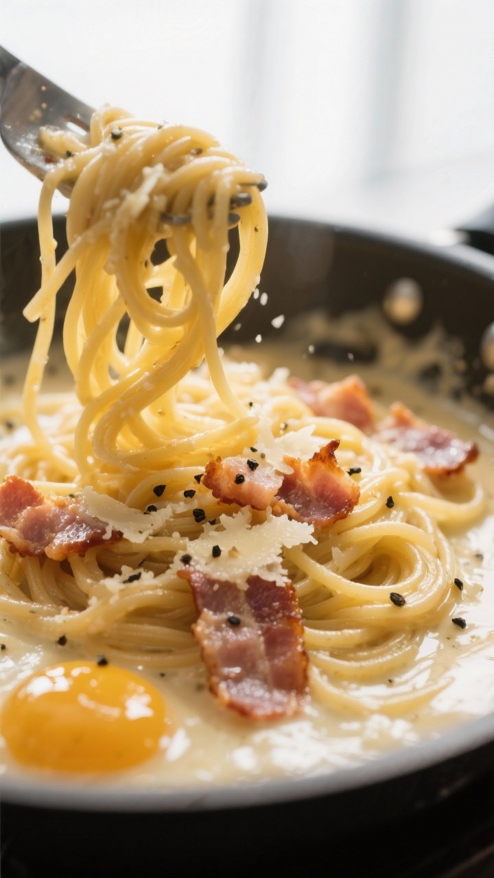 Close-up detail: Glossy spaghetti carbonara being tossed off-heat in a wide skillet, silky egg–Par