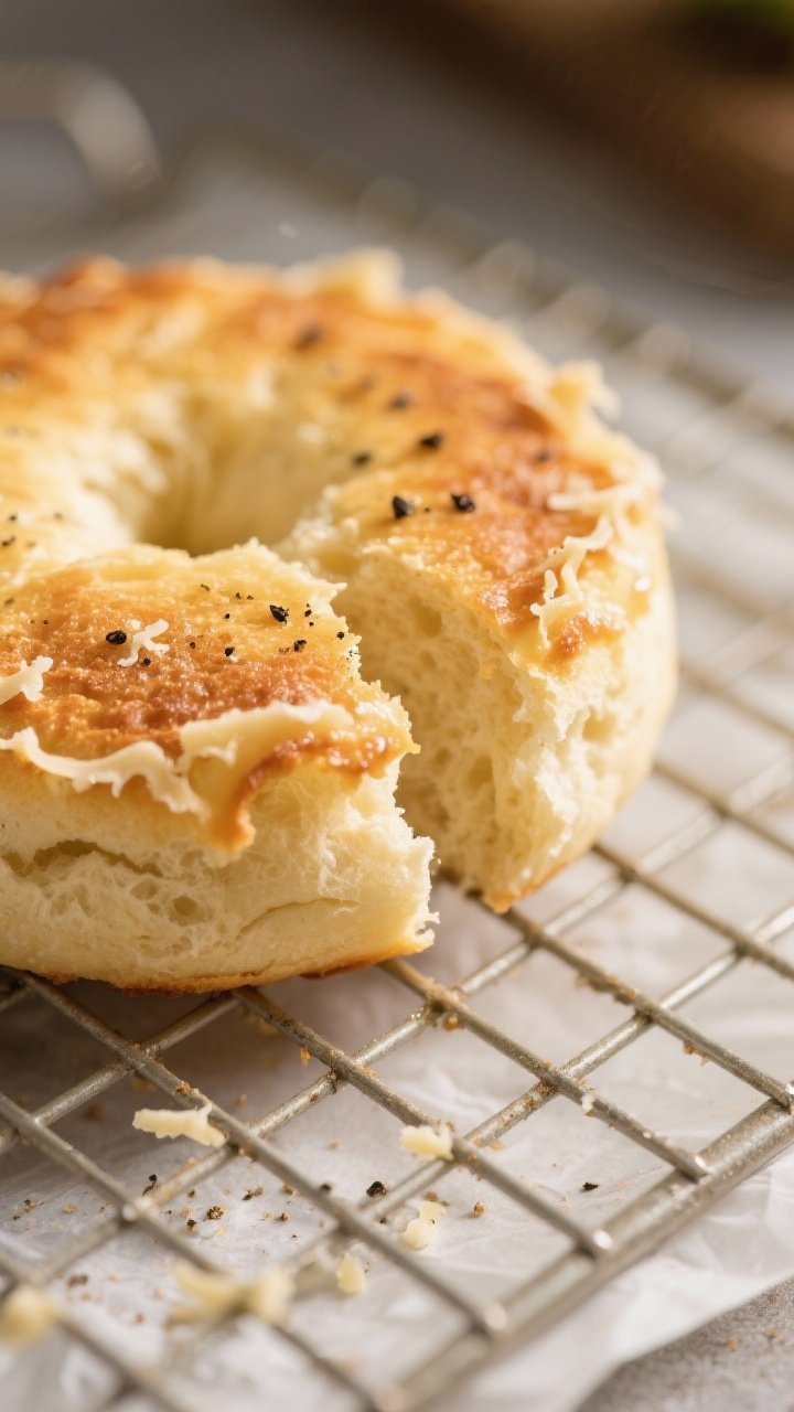 Close-up detail: Golden, freshly baked keto cloud bread round on a cooling rack, edges crisped with 