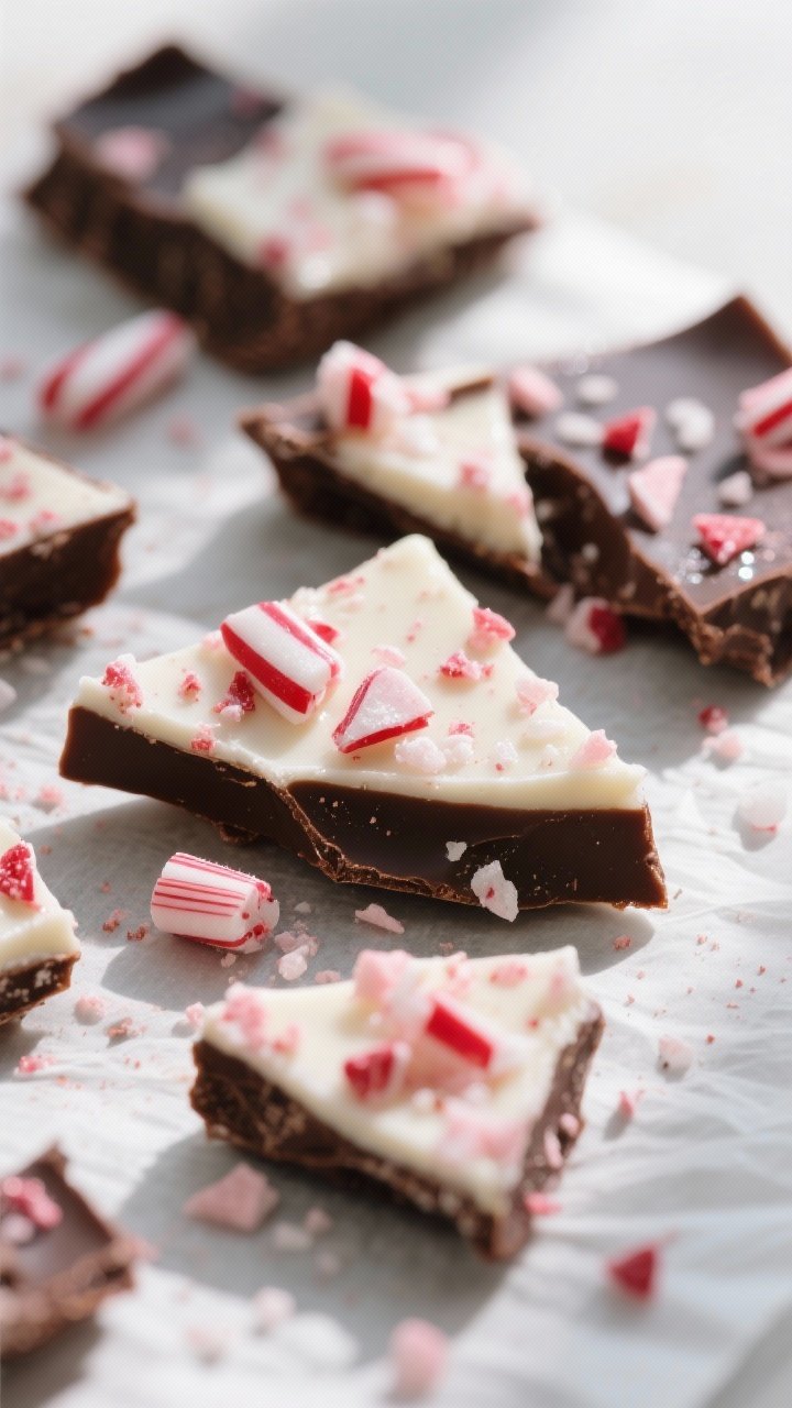 Close-up detail: Irregular shards of finished peppermint bark just after breaking, showing crisp lay