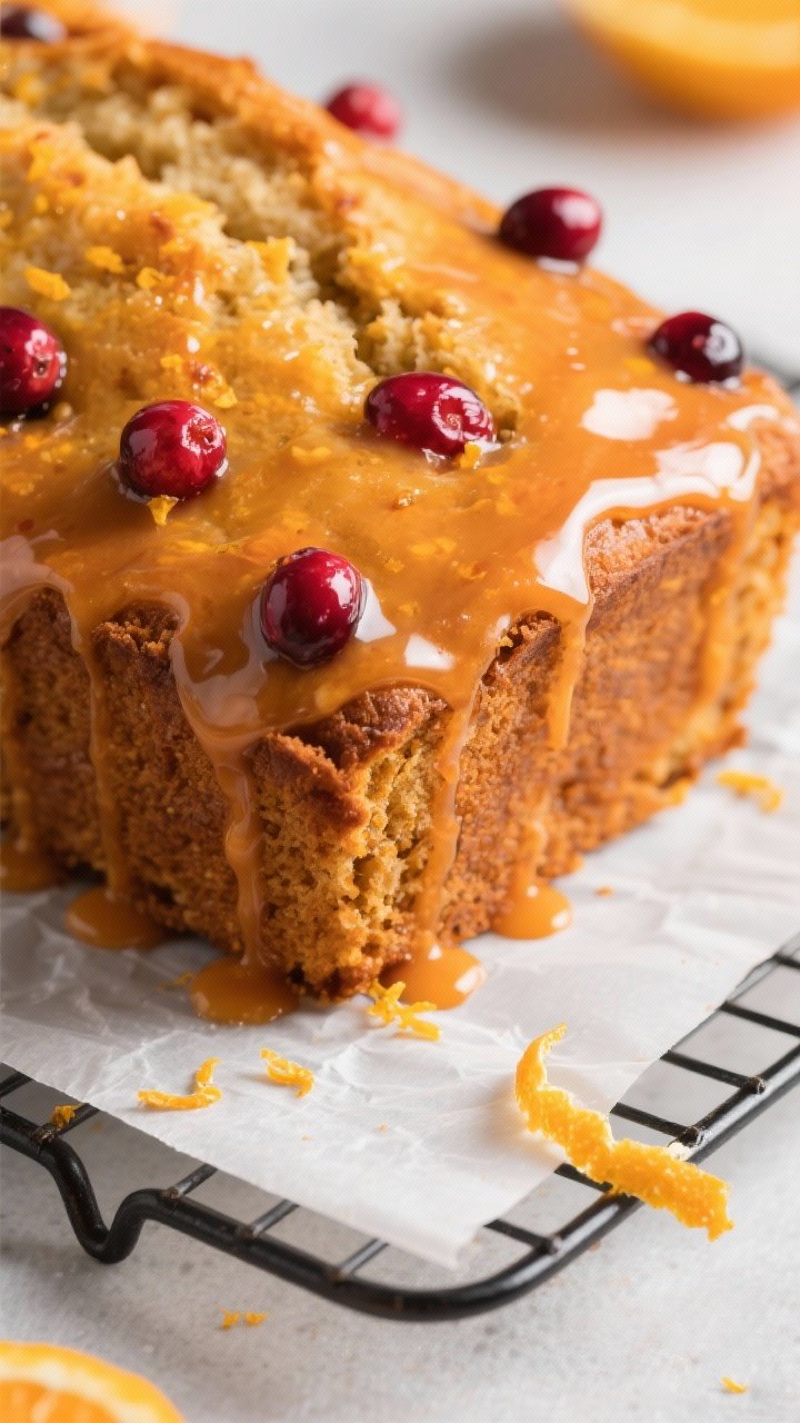 Close-up detail of the glazed Cranberry Orange Loaf just after glazing: thick, glossy orange glaze d