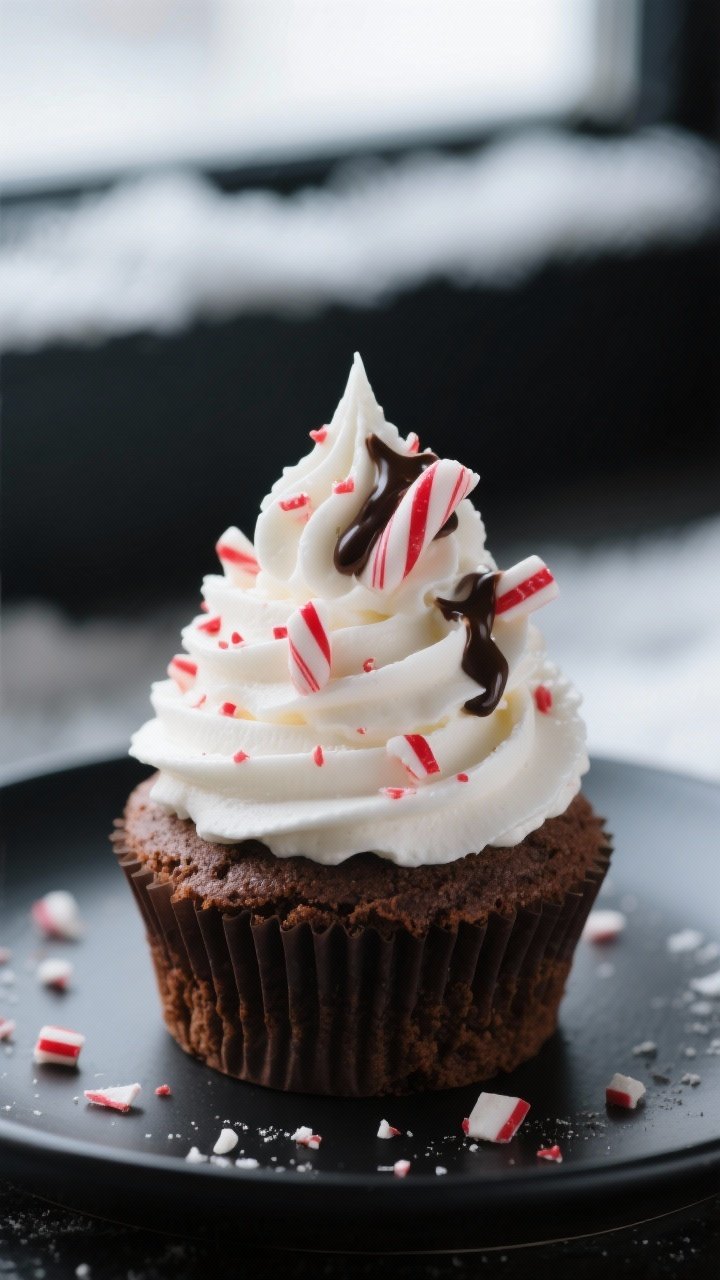 Close-up detail — Peppermint buttercream swirl with candy cane crunch: Tight macro of a single bak