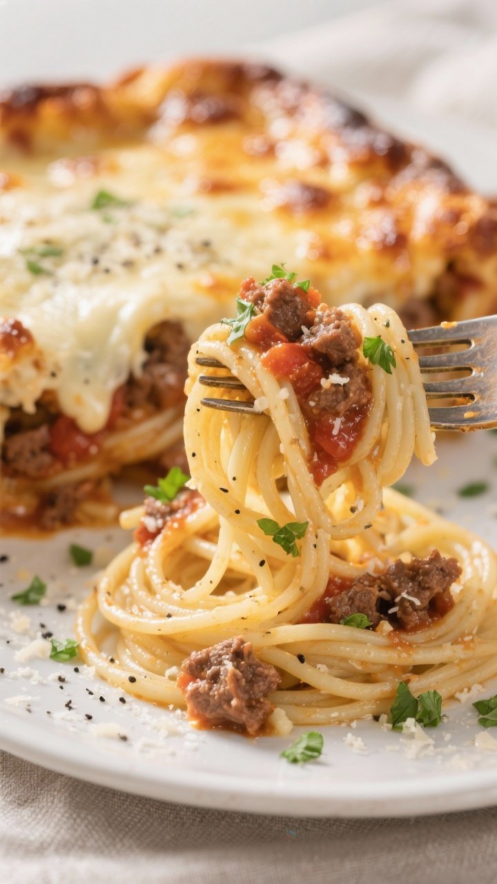 Close-up detail shot: A fork twirl of baked spaghetti Alfredo layered with creamy meat sauce, captur