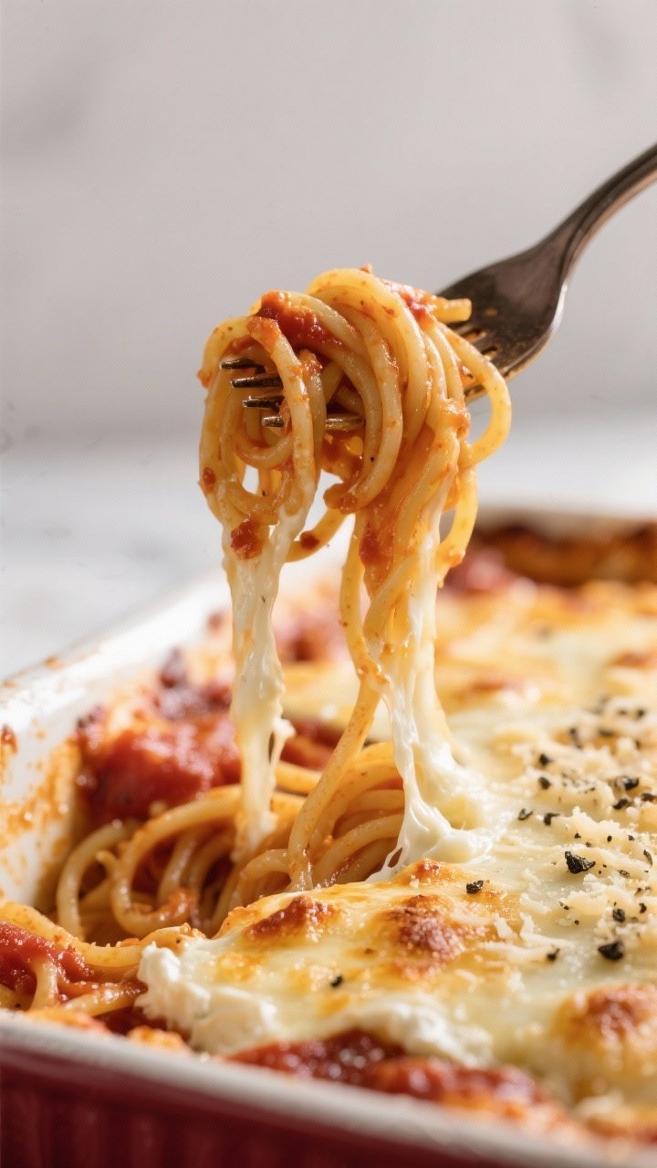 Close-up detail shot: A fork twirling a nest of oven-baked spaghetti lifted from the casserole, stra