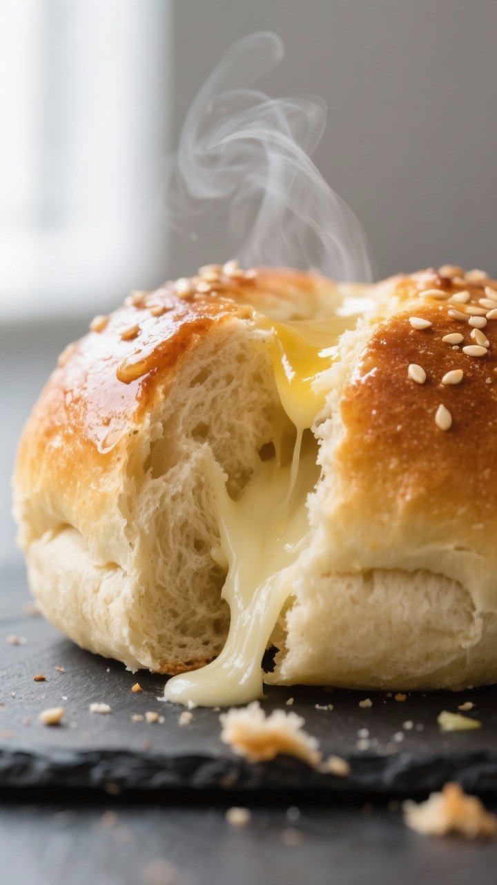 Close-up detail shot: A freshly baked keto almond flour dinner roll torn open to reveal its tender, 