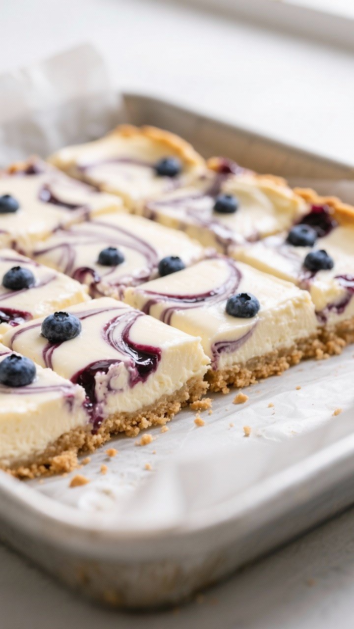 Close-up detail shot: A freshly baked pan of blueberry keto cheesecake bars just out of the oven, su