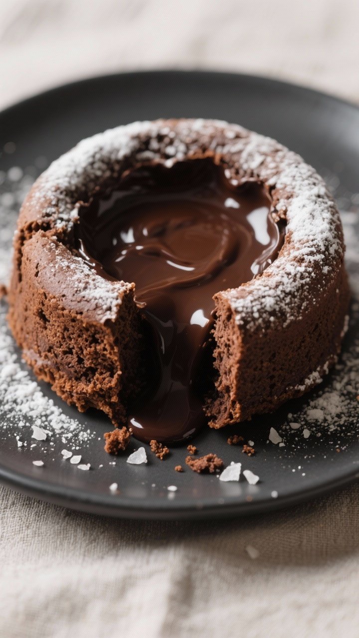 Close-up detail shot: A freshly unmolded molten chocolate lava cake split open, rich 60–70% dark c