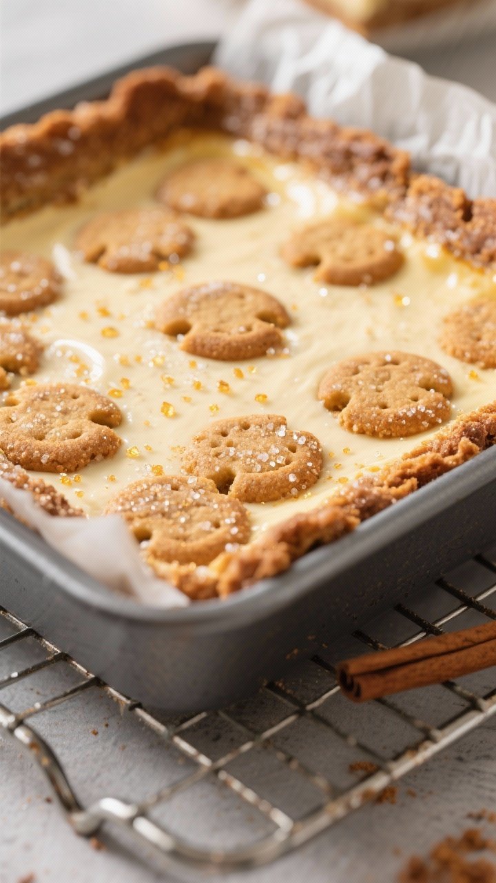 Close-up detail shot: A just-baked pan of Snickerdoodle Cheesecake Bars cooling on a wire rack, show