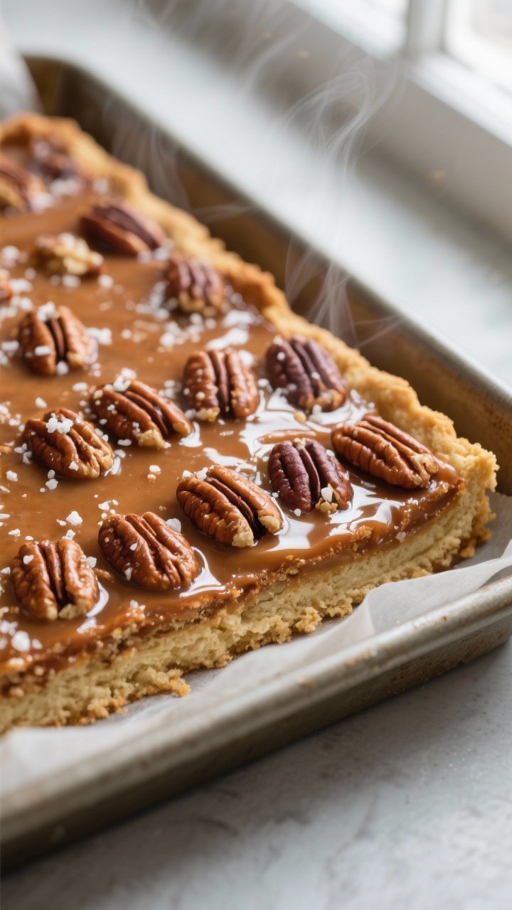 Close-up detail shot: A just-baked slab of Maple Pecan Pie Bars cooling in the parchment-lined 9x13 