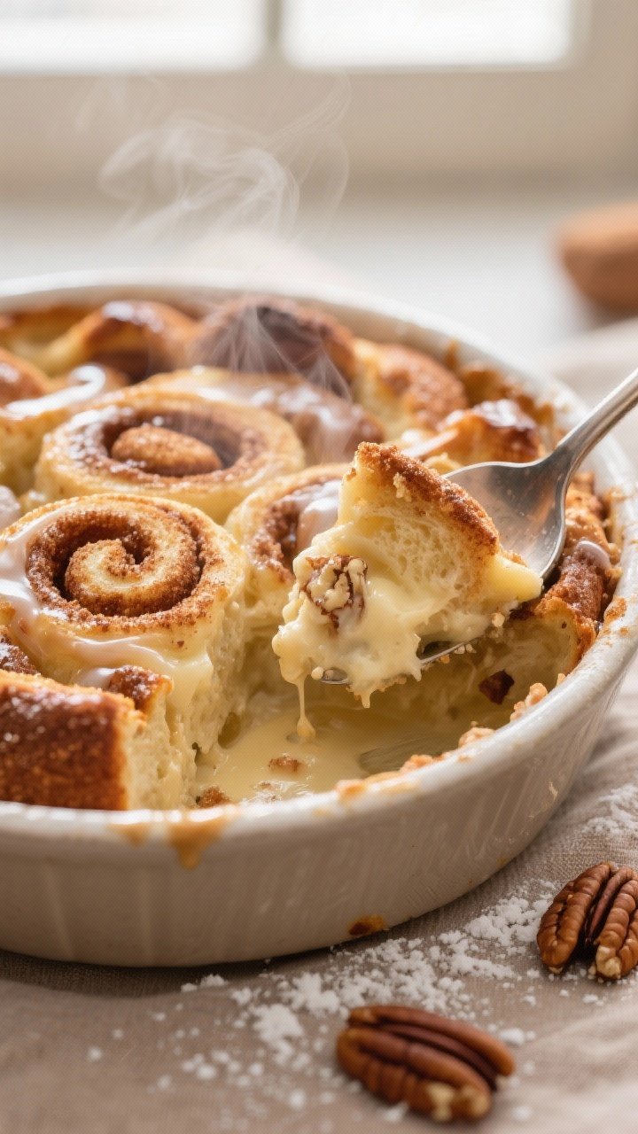 Close-up detail shot: A spoon breaking into a just-baked cinnamon roll bread pudding corner, showing