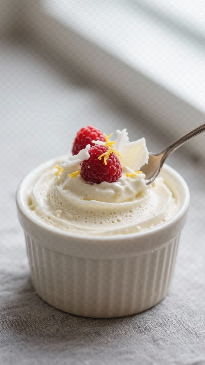 Close-up detail shot: A spoon scooping into a chilled white chocolate mousse cup, revealing silky, a