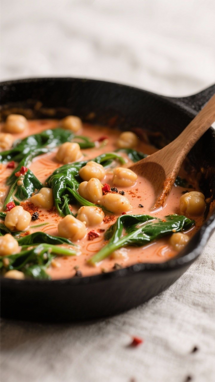 Close-up detail shot: Creamy chickpea and spinach skillet mid-simmer in a matte black skillet, showi