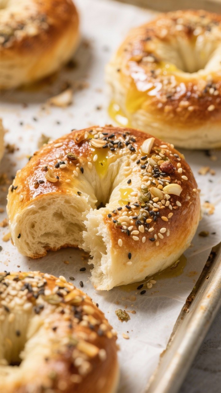 Close-up detail shot: Freshly baked Everything Bagel Keto Rolls just out of the oven, golden tops gl