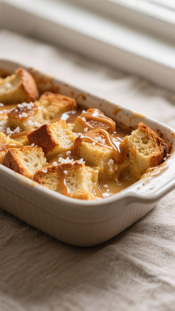 Close-up detail shot of freshly baked salted caramel bread pudding just out of the oven: golden, cri